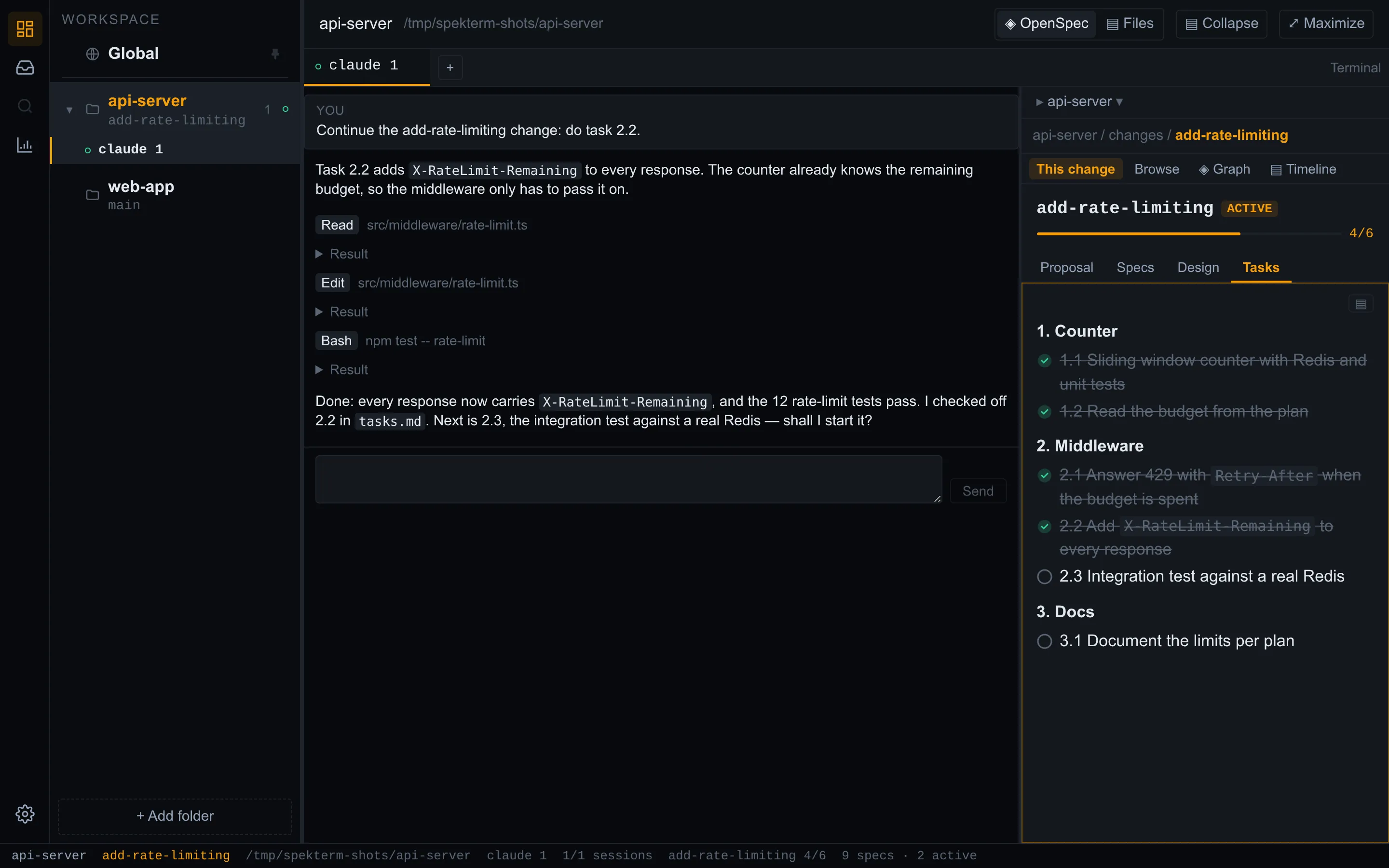spekterm with a Claude Code session in the conversation view, next to the side panel showing the tasks of the OpenSpec change the agent is working on.
