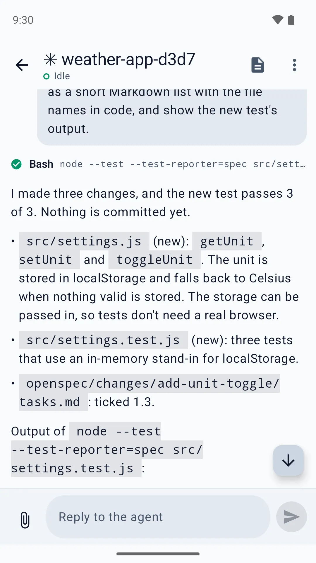 An agent's conversation on the phone: a tool call that ran the tests, the agent's Markdown summary, and the reply box with an attach button.