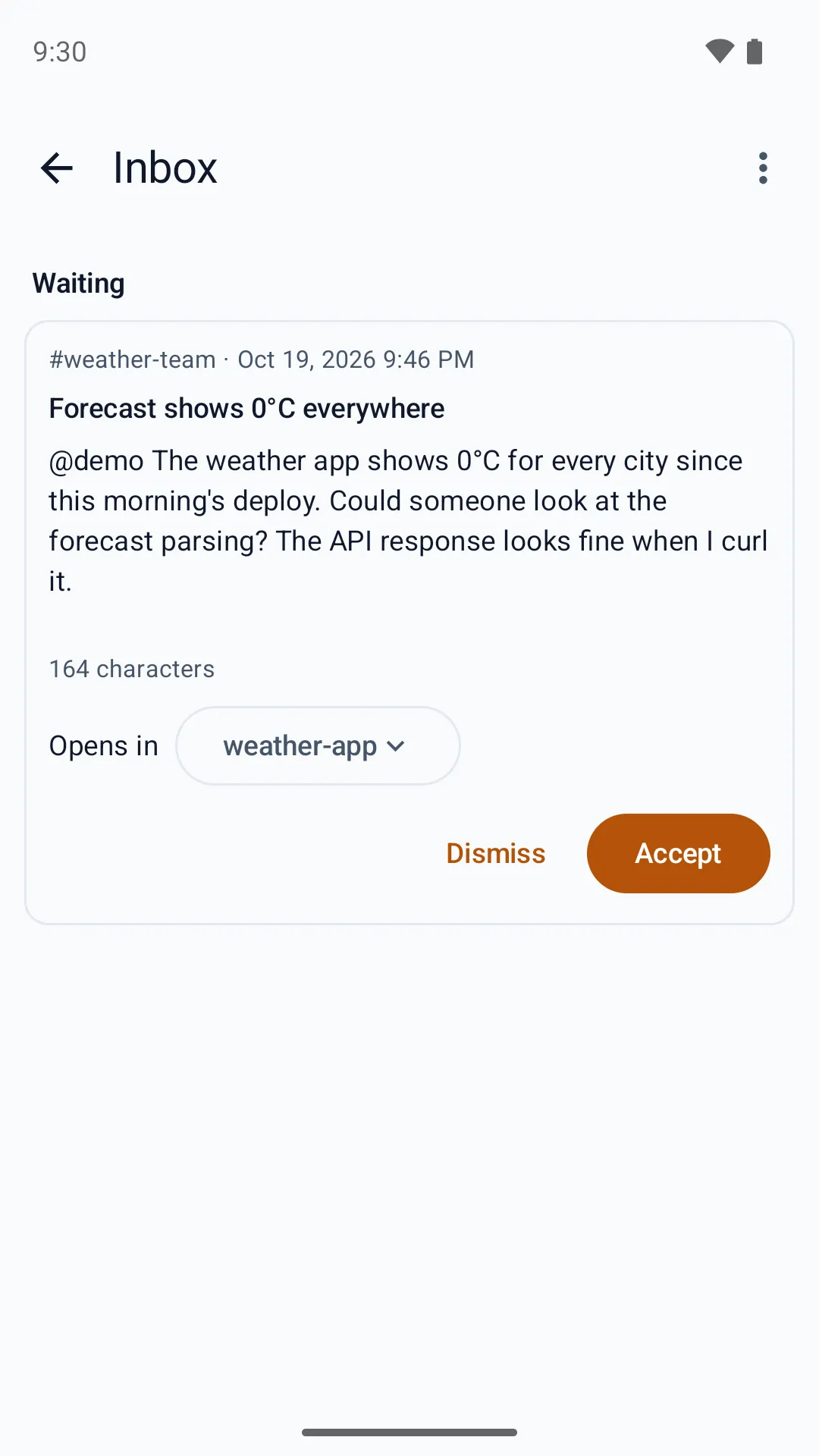 A Slack mention waiting in the desktop's inbox on the phone, set to open in weather-app, with Dismiss and Accept.