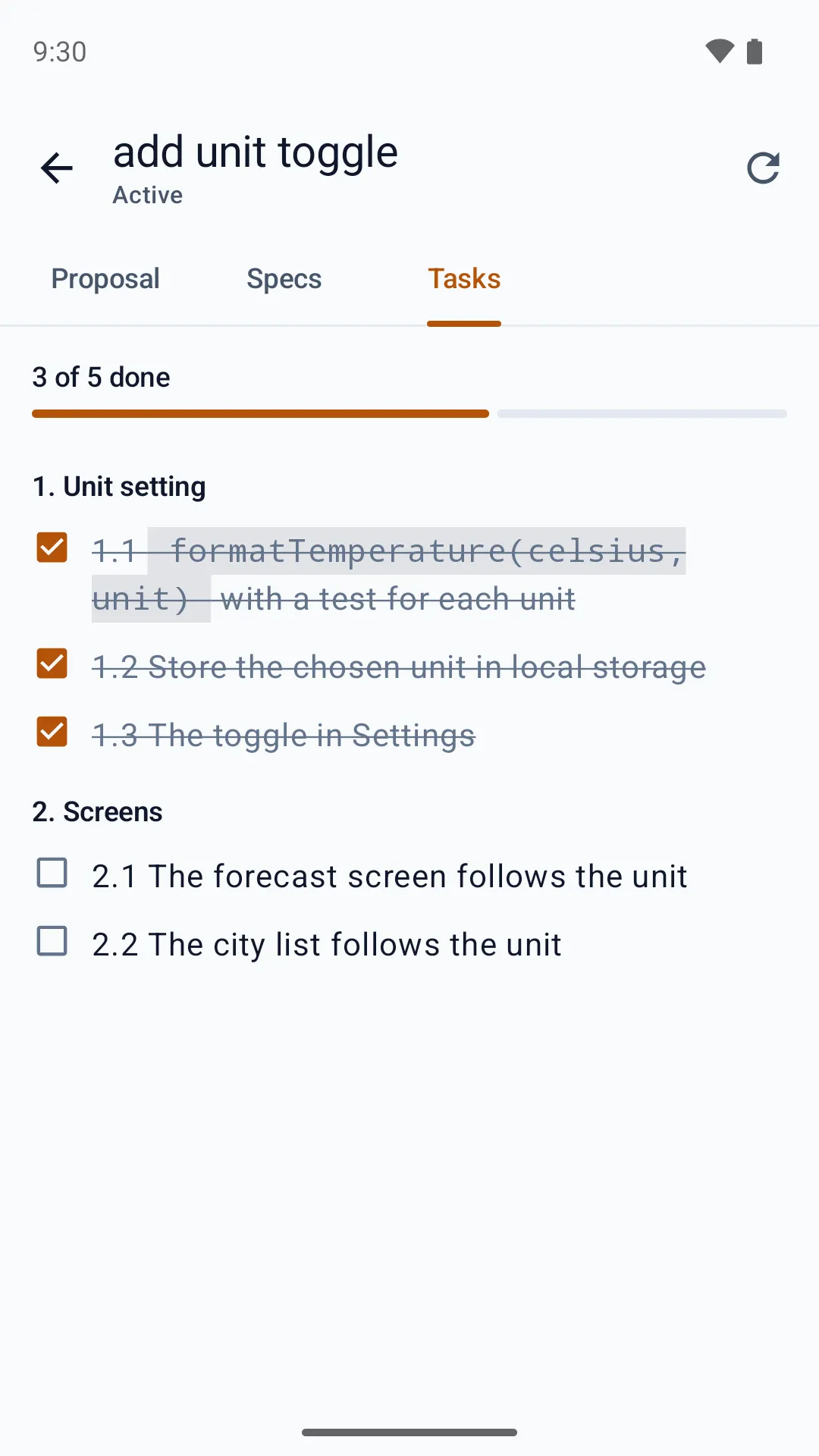 An OpenSpec change's tasks on the phone, read-only: three of five done.