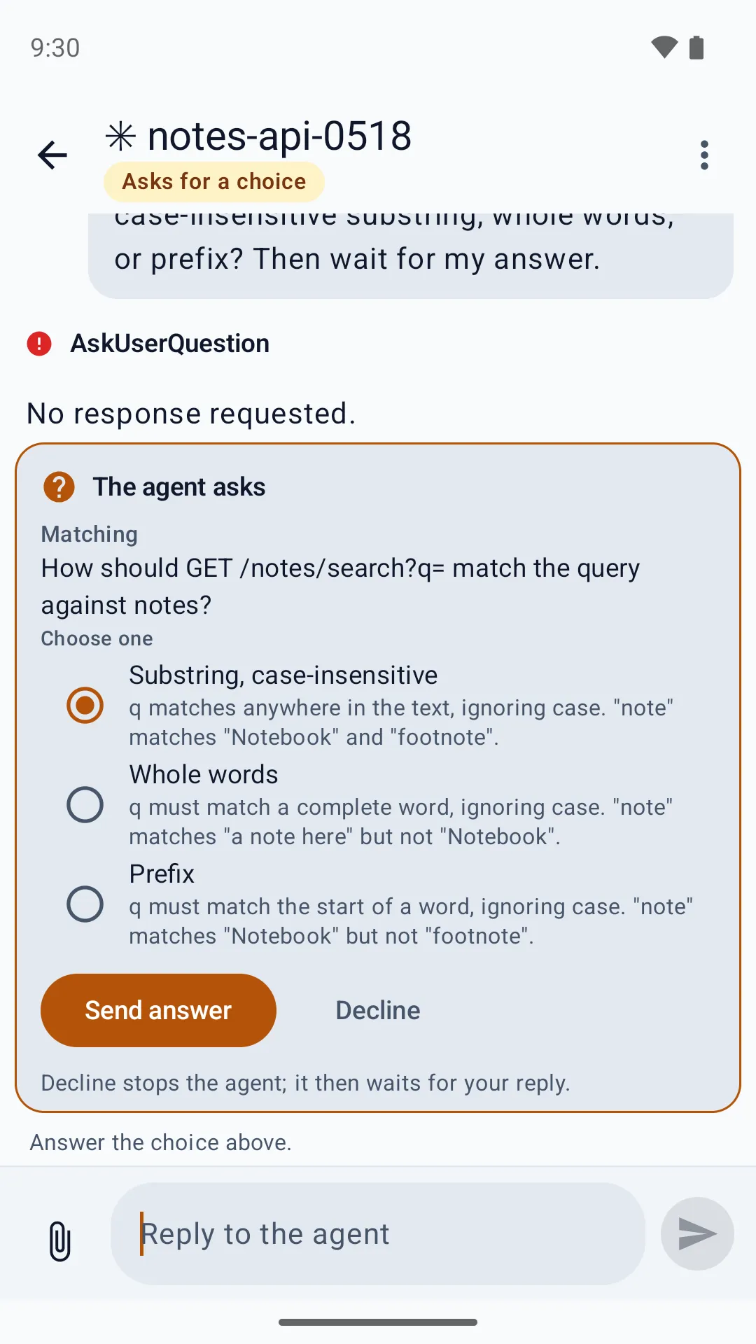 The phone answering an agent's question: three ways the search could match, one chosen, with Send answer and Decline.
