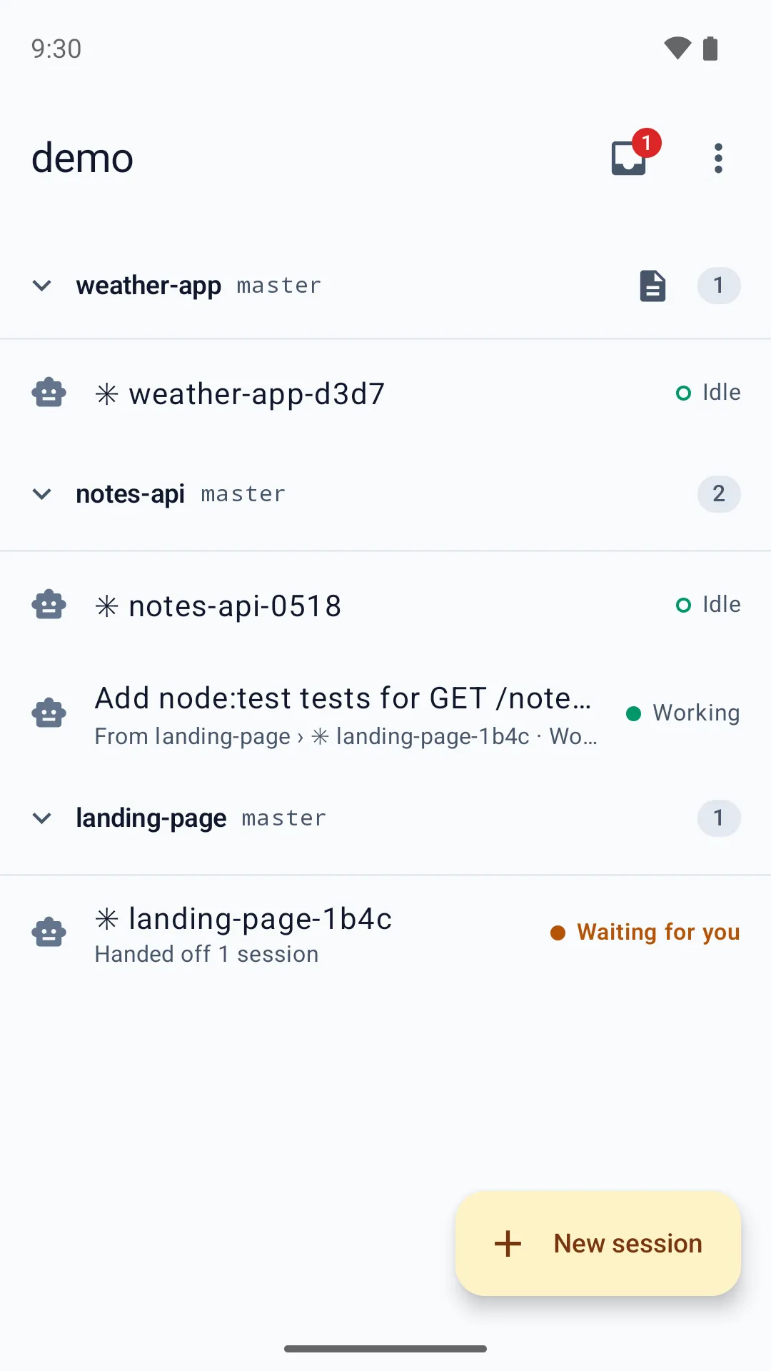 The phone app's session list: three folders, each agent session marked idle, working, or waiting for you, and a session handed off from another.