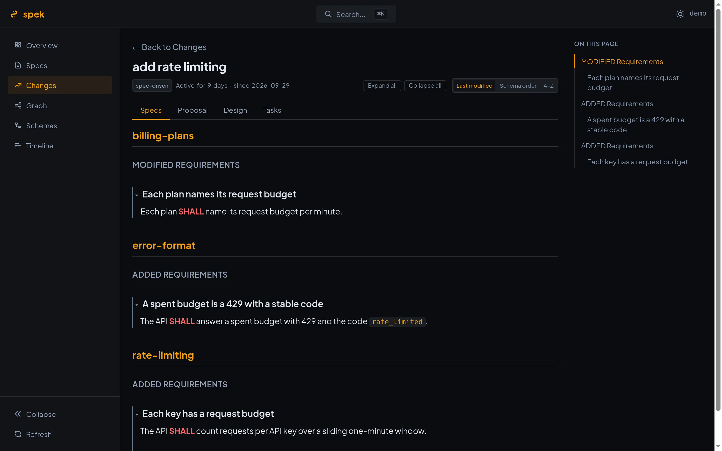 spek 顯示一個 OpenSpec change：依 capability 分組的 delta spec，每條 requirement 的 SHALL 關鍵字都有標示，另有 proposal、design、tasks 分頁。