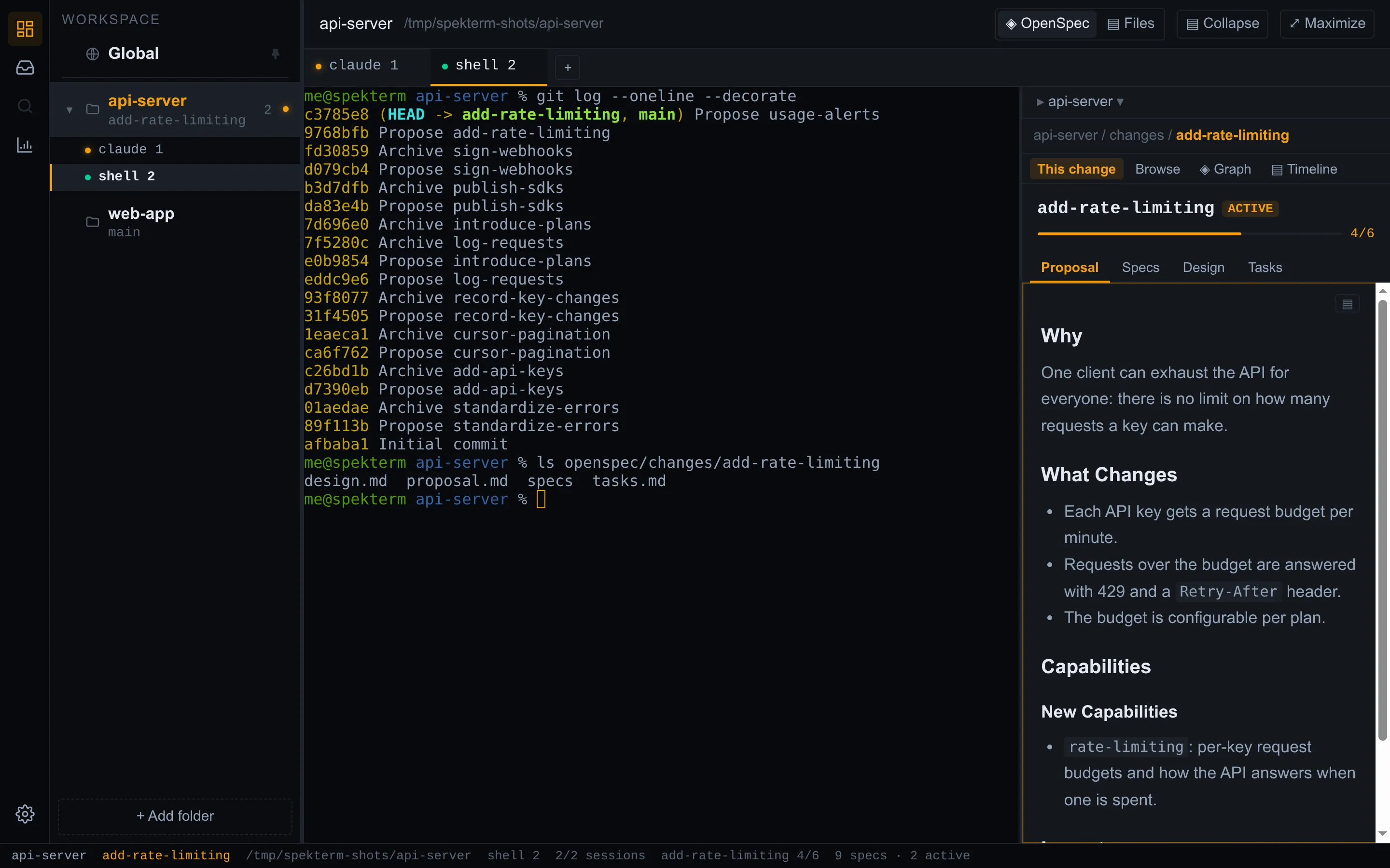 A shell session showing git log and the change's files, next to the side panel showing the change's proposal.